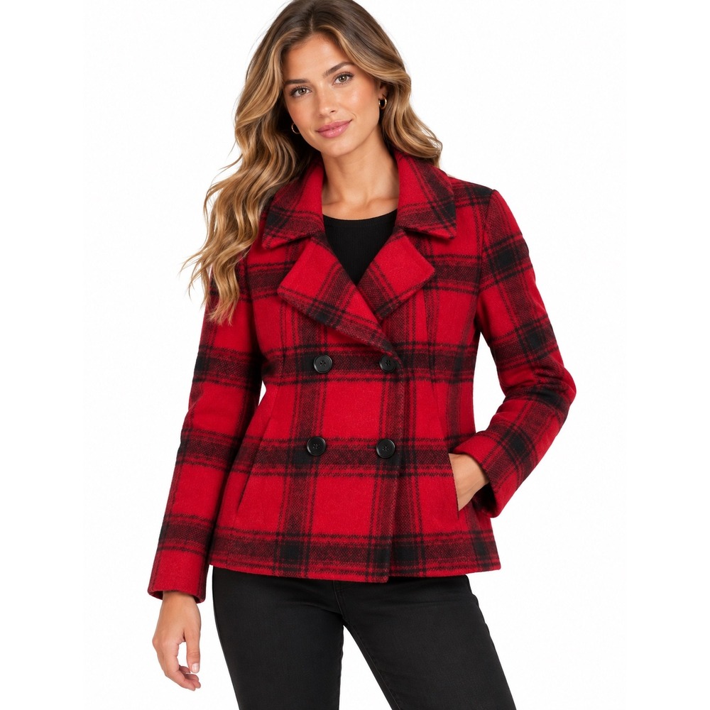 Talbots Womens Red Black Plaid Wool Alpaca Wool Blend Pea Coat Jacket 8P